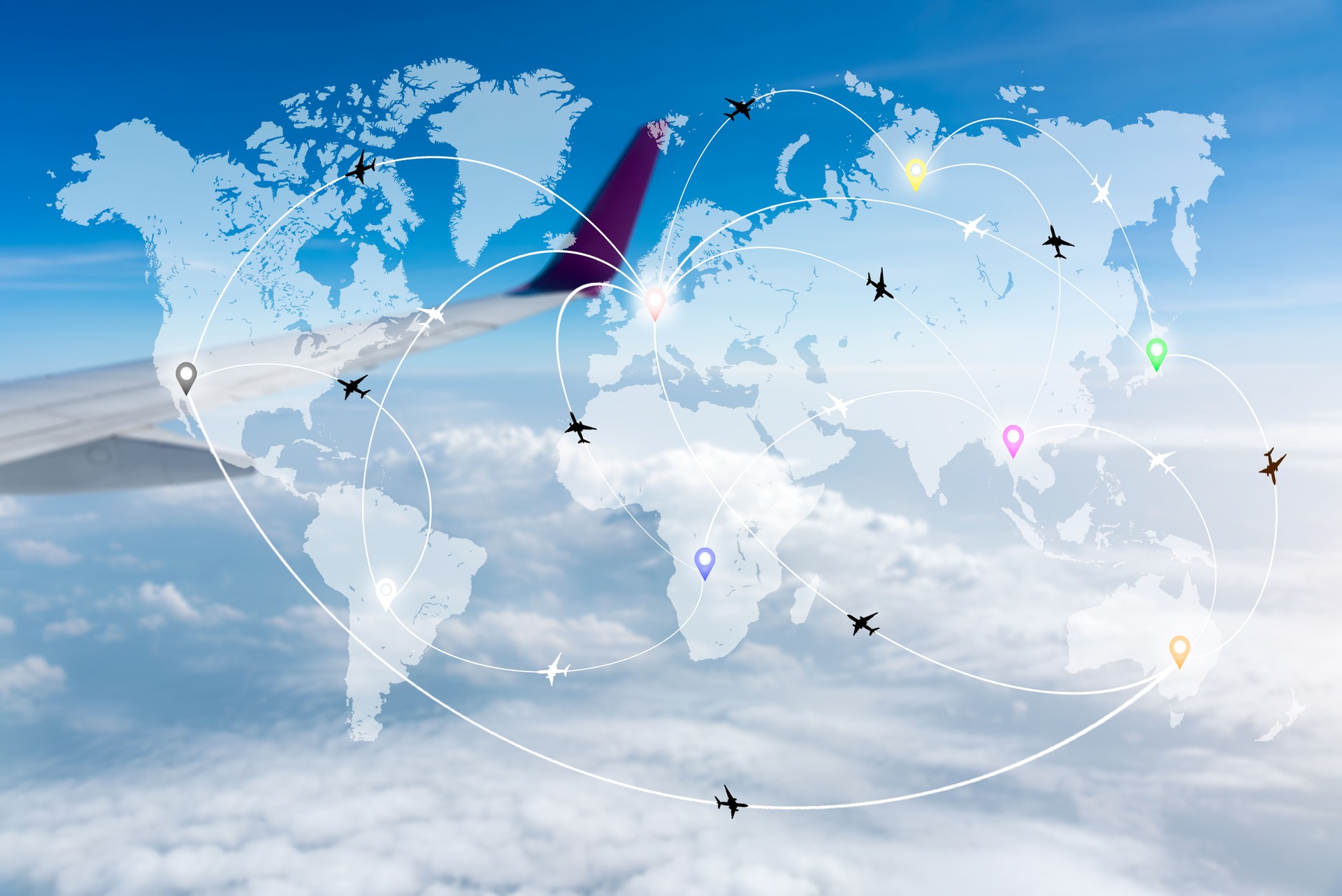 Map of flight routes airplanes network with blurred wing in the sky background.
