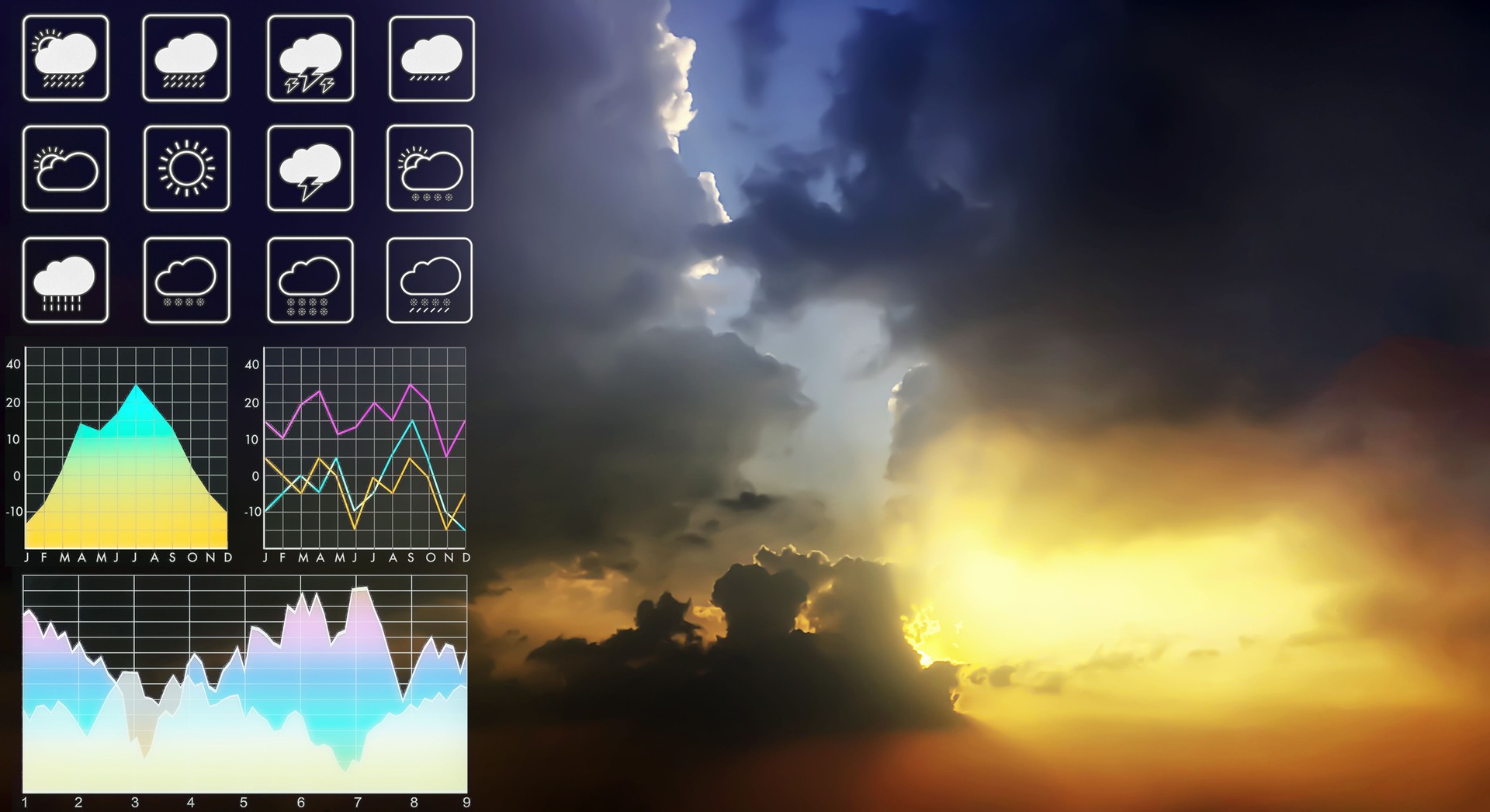 Weather forecast symbol data presentation with graph and chart on dramatic tropical storm clouds and summer bright sky for meteorology report background.