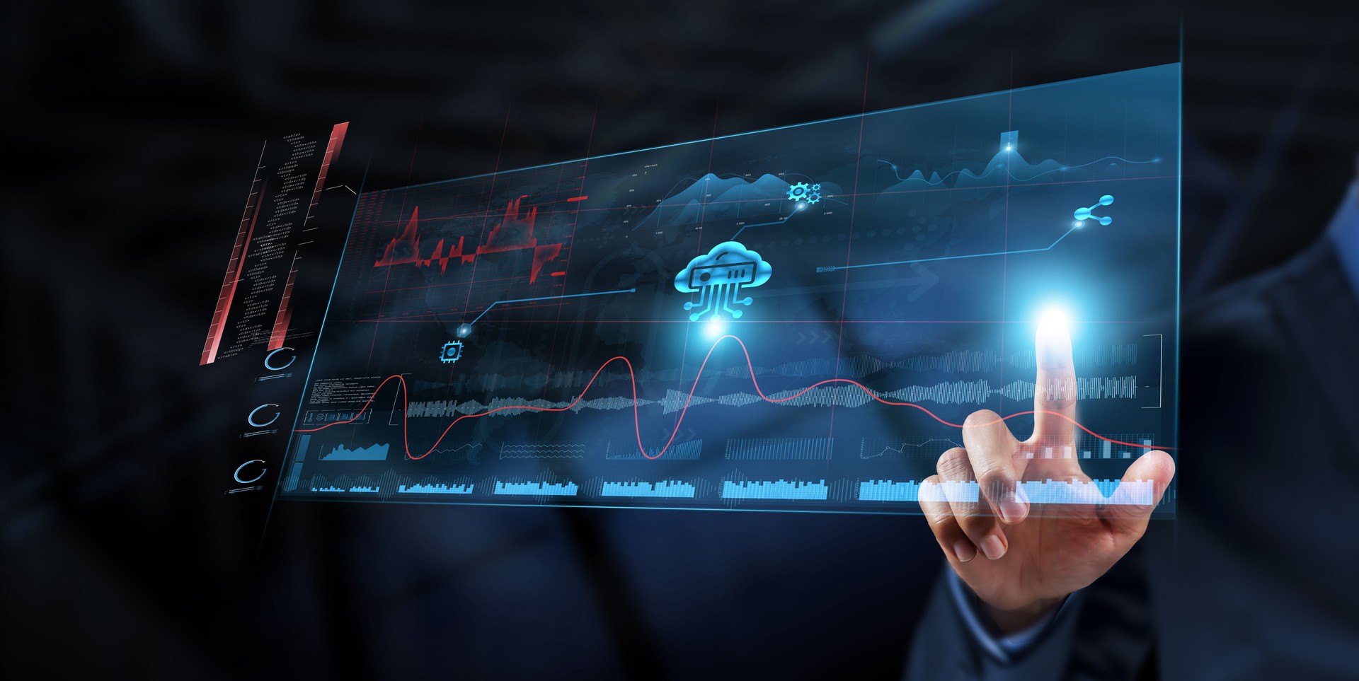 Cloud Computing: Businessman analyzes data strategy with graph on digital screen. Scalability, data storage, remote access, virtualization, collaboration, security, cost-efficiency.