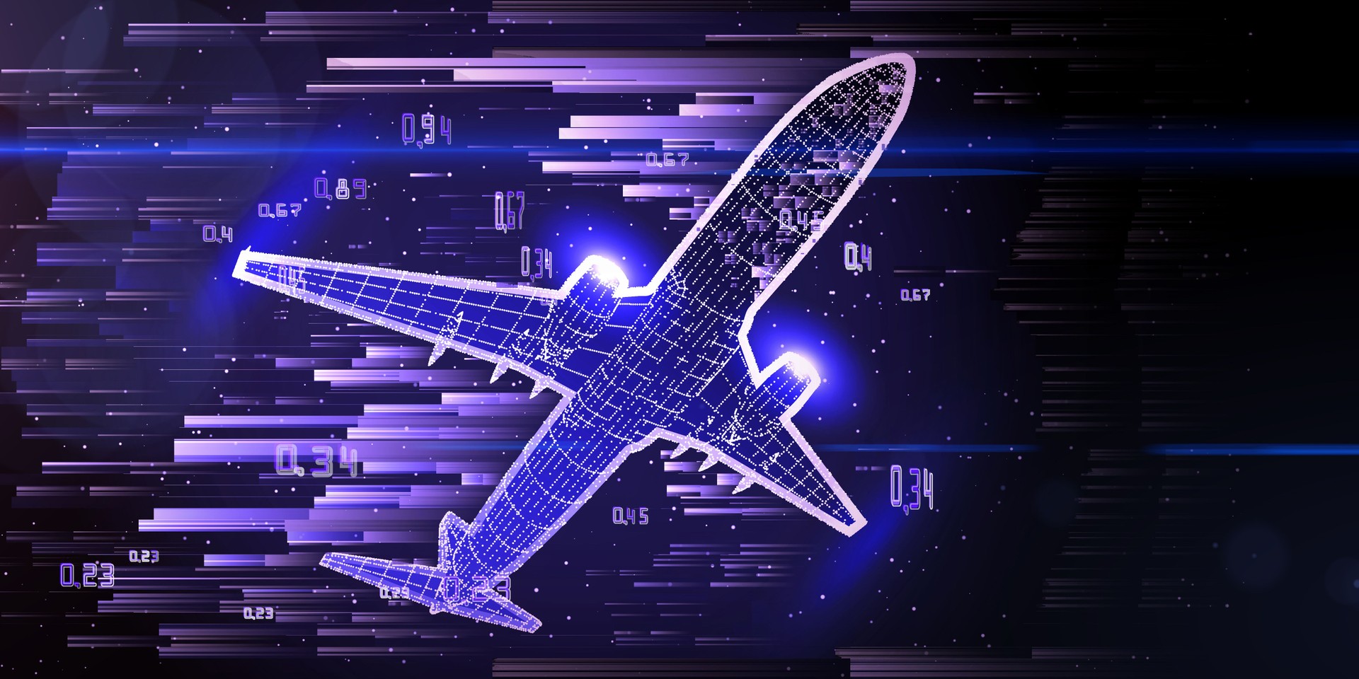 Abstract airliner constructed with glow lines. Big data. Outline wireframe concept. Travel, tourism, transport.