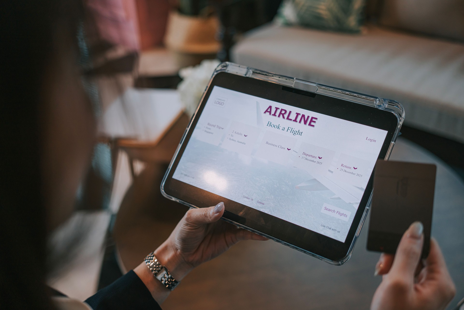 close up Asian Chinese businesswoman purchase air ticket with digital tablet online paying with credit card