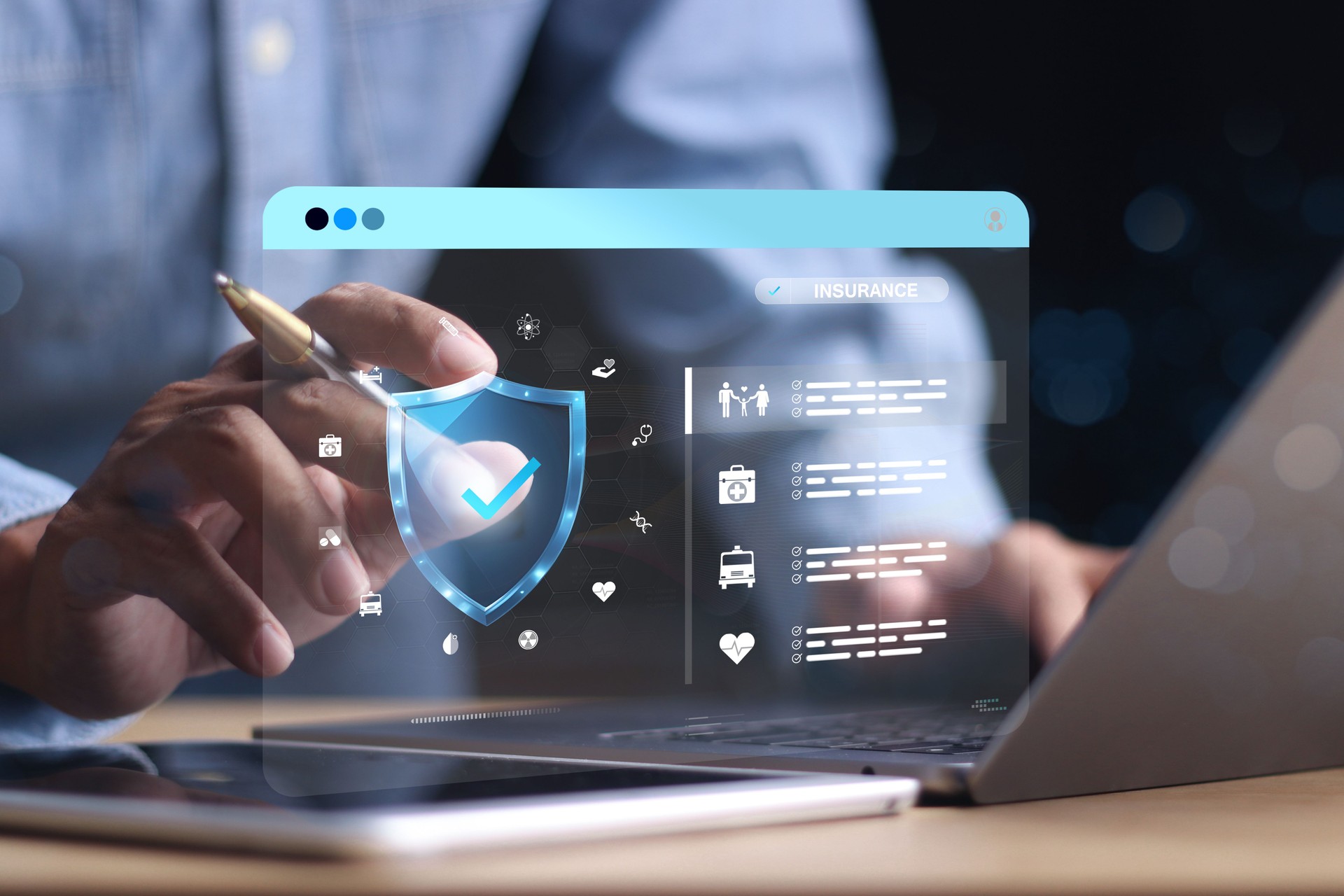 Insurance concept. Businessman using a computer to insurance online for family and life, financial, car, travel, and health insurance.
