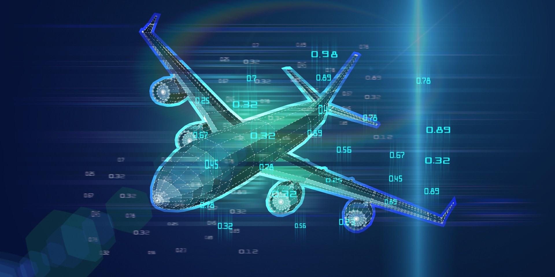 Abstract airplane constructed grid. Outline wireframe analytical concept. Travel, tourism, transport. Aircraft 3d illustration.