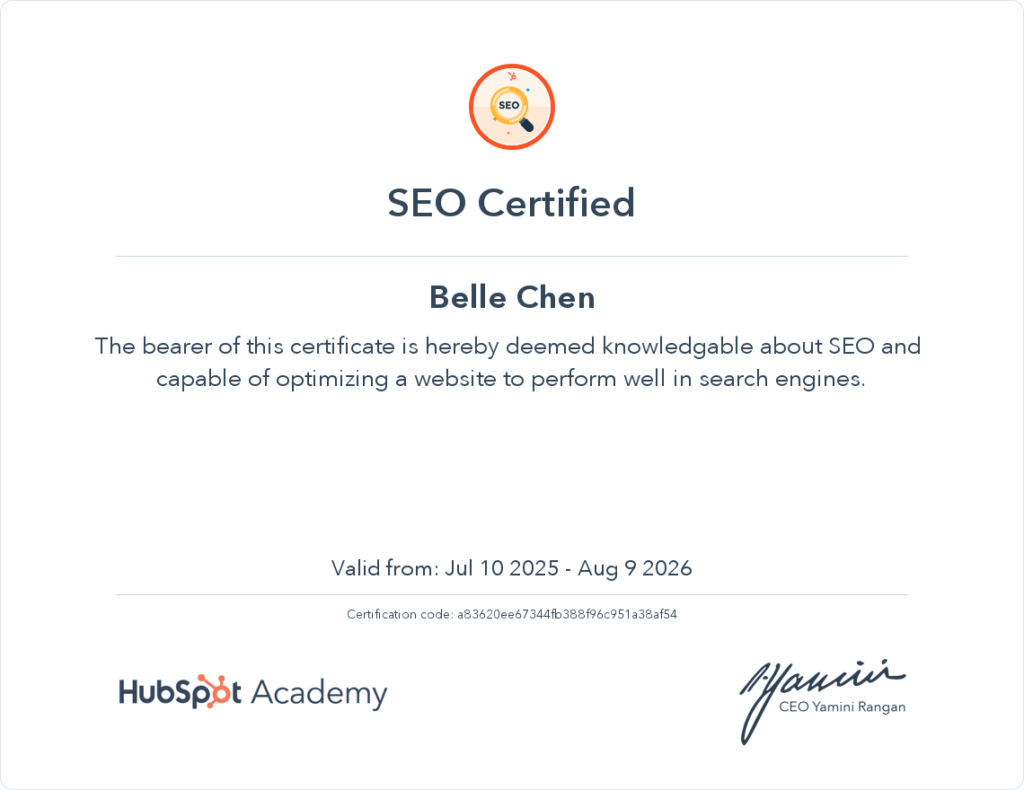 Belle Chen SEO Certified