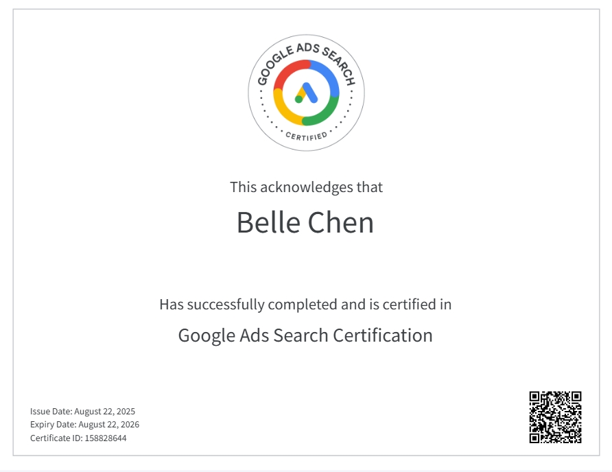 Google Ads Search Certification • Belle Chen • Skillshop