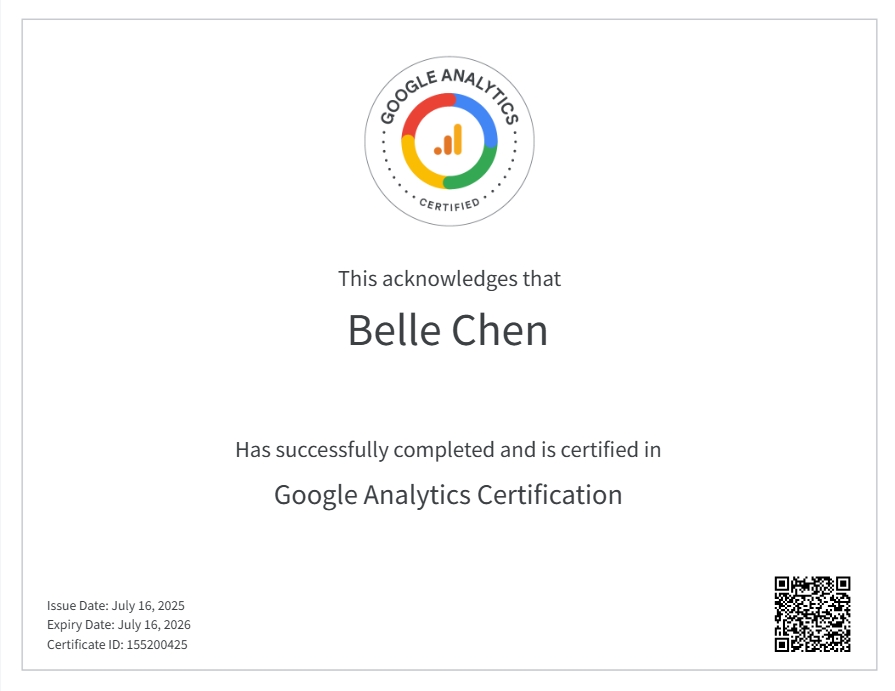 Google Analytics Certification • Belle Chen • Skillshop