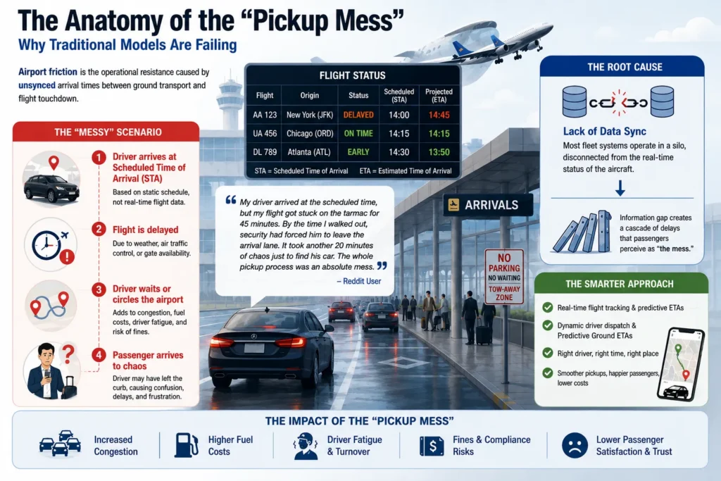 Infographic explaining the anatomy of airport pickup friction and fleet scheduling failure caused by a lack of real-time flight data synchronization.