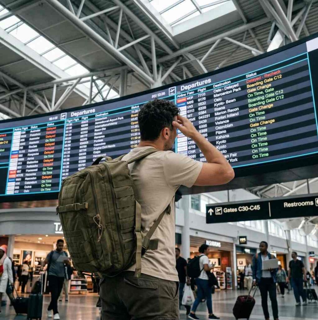 man with backpack in airport near flight timetable