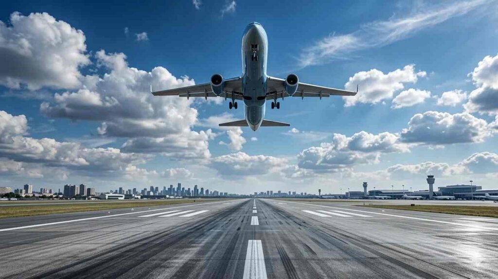 passenger airplane taking off at sunset