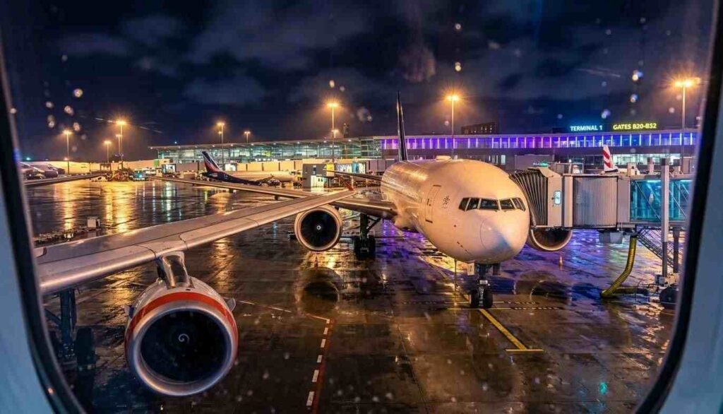 rainy view from window of airplane before take off