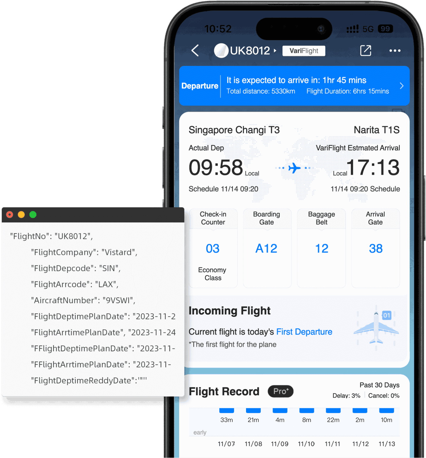 Real-time flight status data API integration case study showing JSON code converted into mobile travel app interface by DataWorks by VariFlight