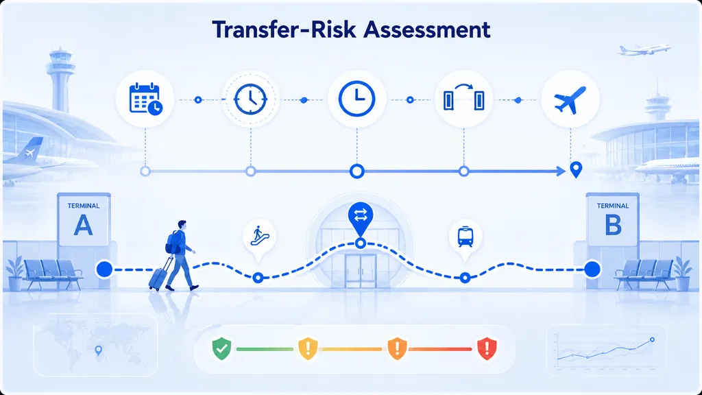 Transfer-risk assessment using flight times and a passenger connection path from Terminal A to Terminal B