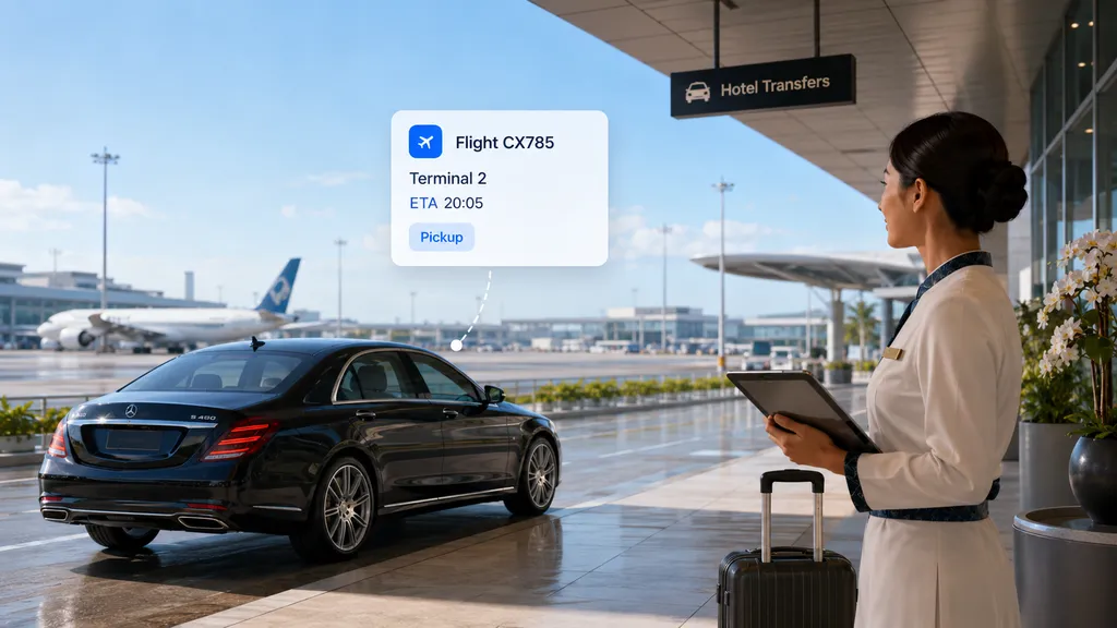 Airport transfer pickup coordinated with real-time flight status and terminal updates