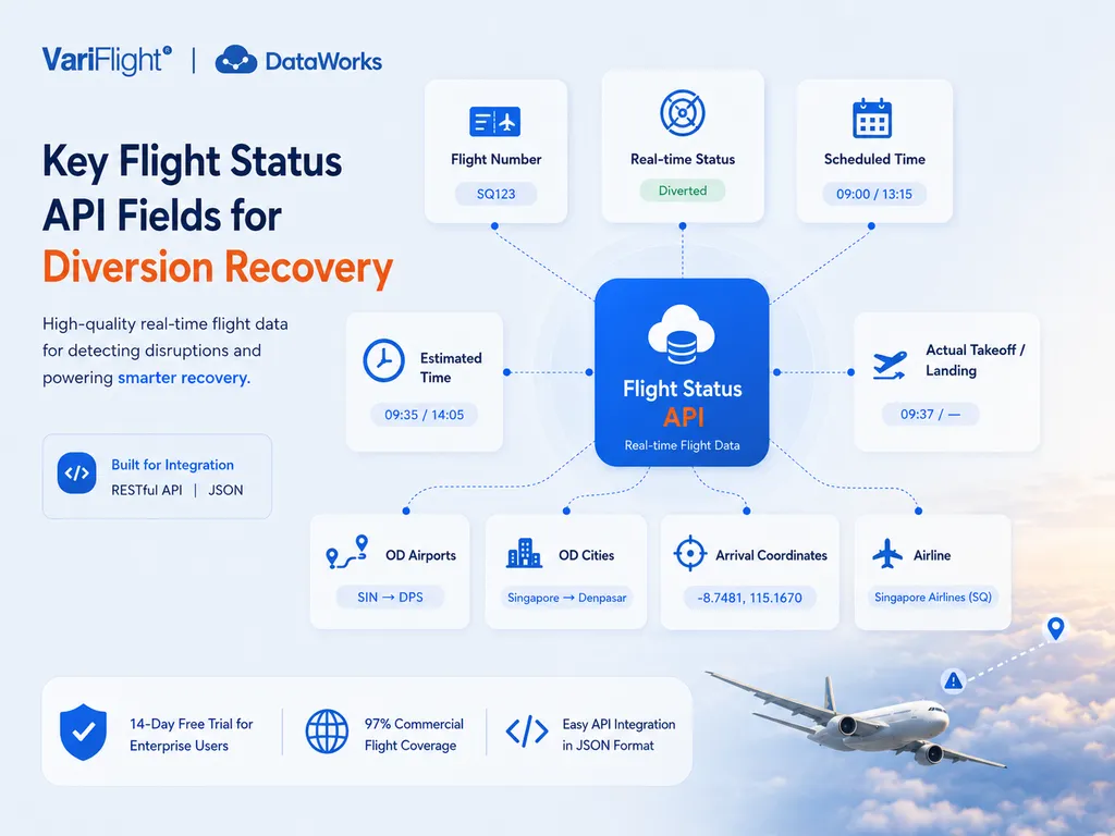 Flight status API fields used in diversion recovery workflows