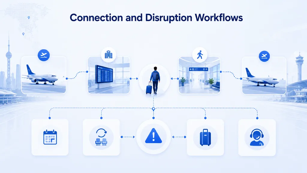 Connection and disruption workflow linking inbound flights, terminal transfers, travelers and outbound flights