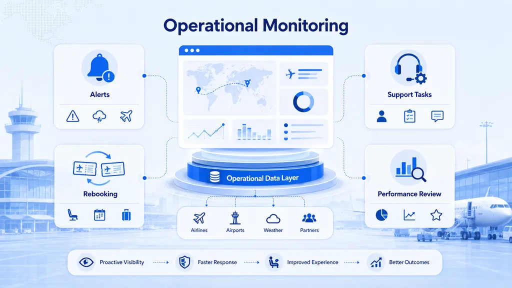 Operational monitoring dashboard connecting flight alerts, support tasks, rebooking and performance review
