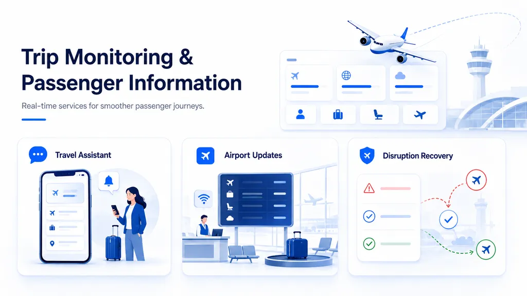 Trip monitoring and passenger information dashboard showing travel assistance, airport updates, and disruption recovery