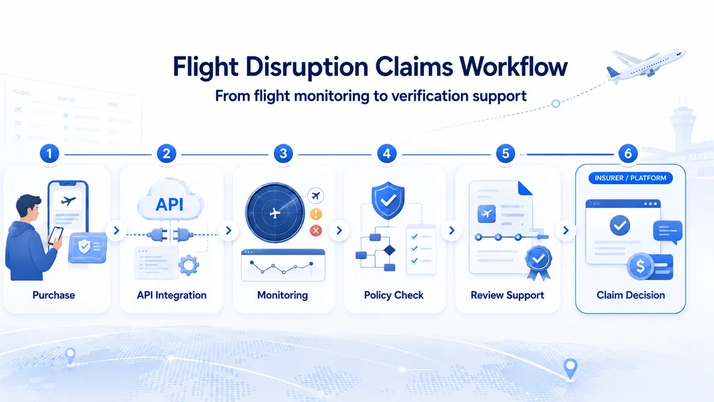 Flight disruption insurance claims workflow from purchase and flight monitoring to claim decision