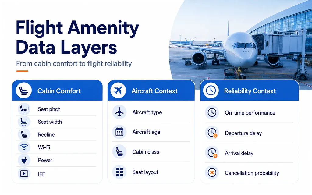 Flight amenity data layers covering cabin comfort, aircraft context and reliability