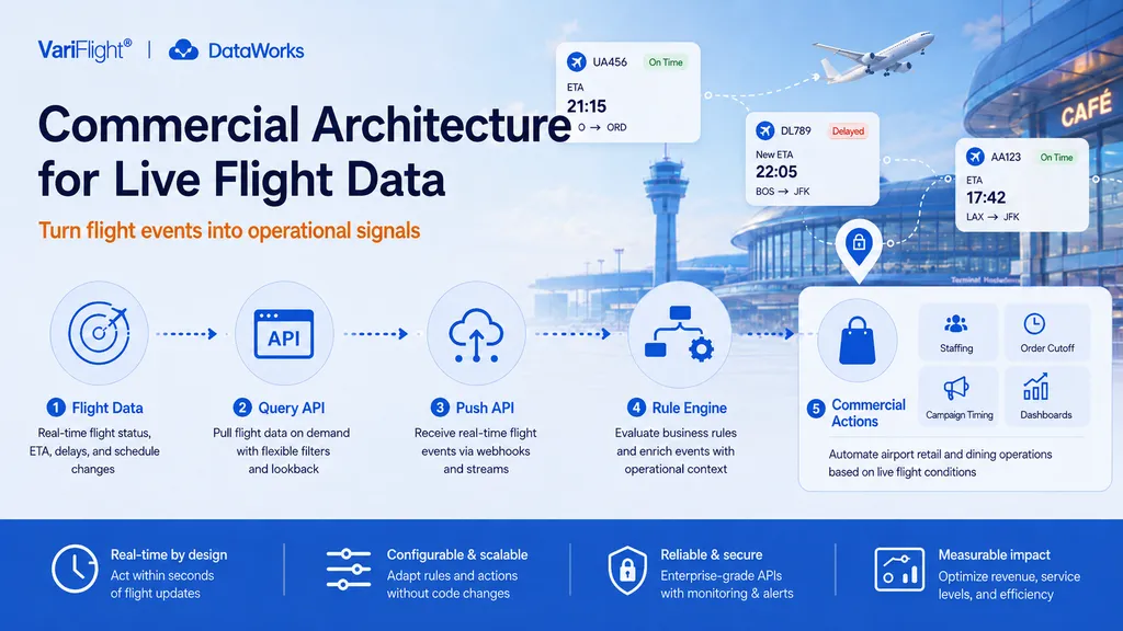 Flight-aware commercial architecture connecting flight data APIs with airport retail operations