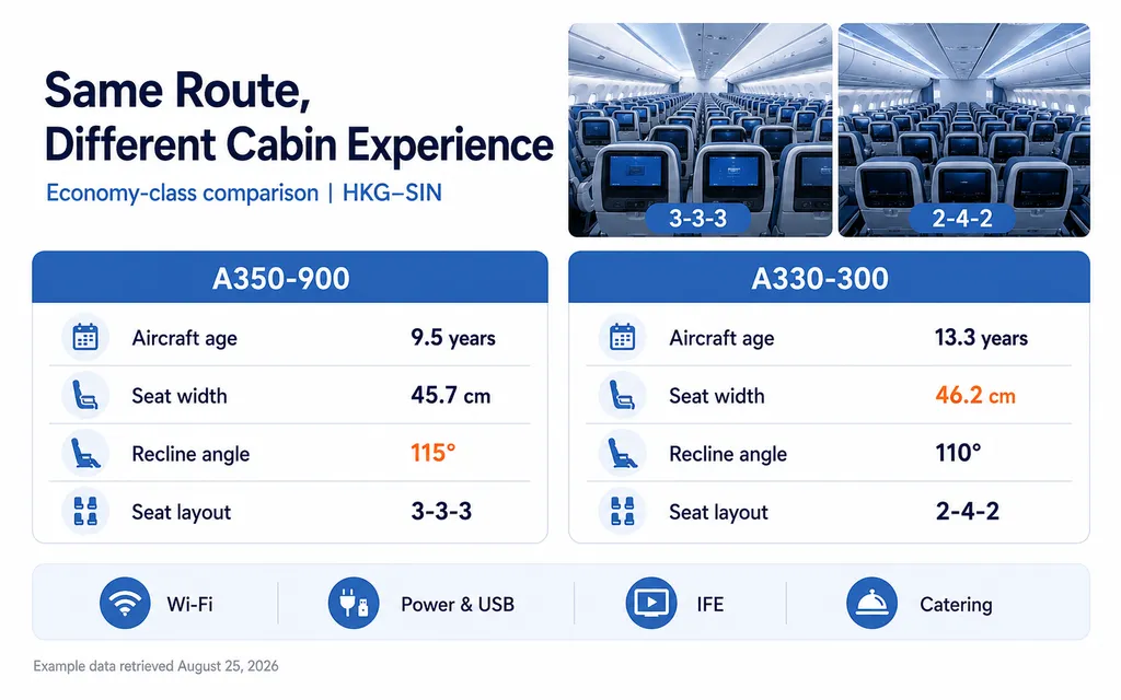 Same-route flight amenity comparison between A350-900 and A330-300 cabins