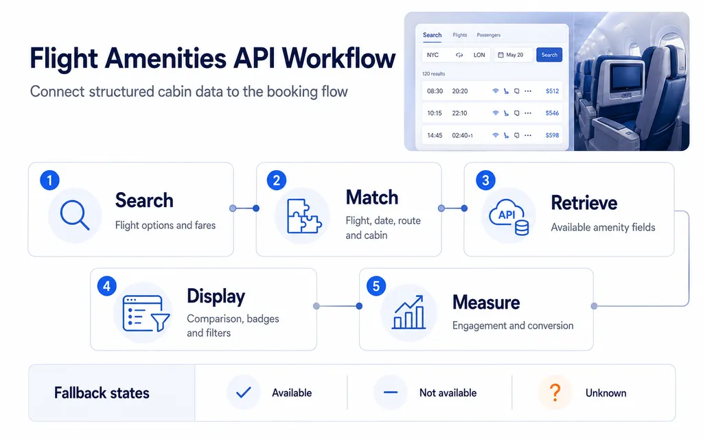 Flight amenities API workflow from flight search to OTA display and measurement
