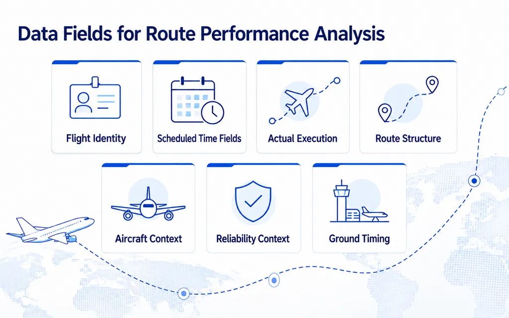 Flight operations data fields for airline route performance analysis