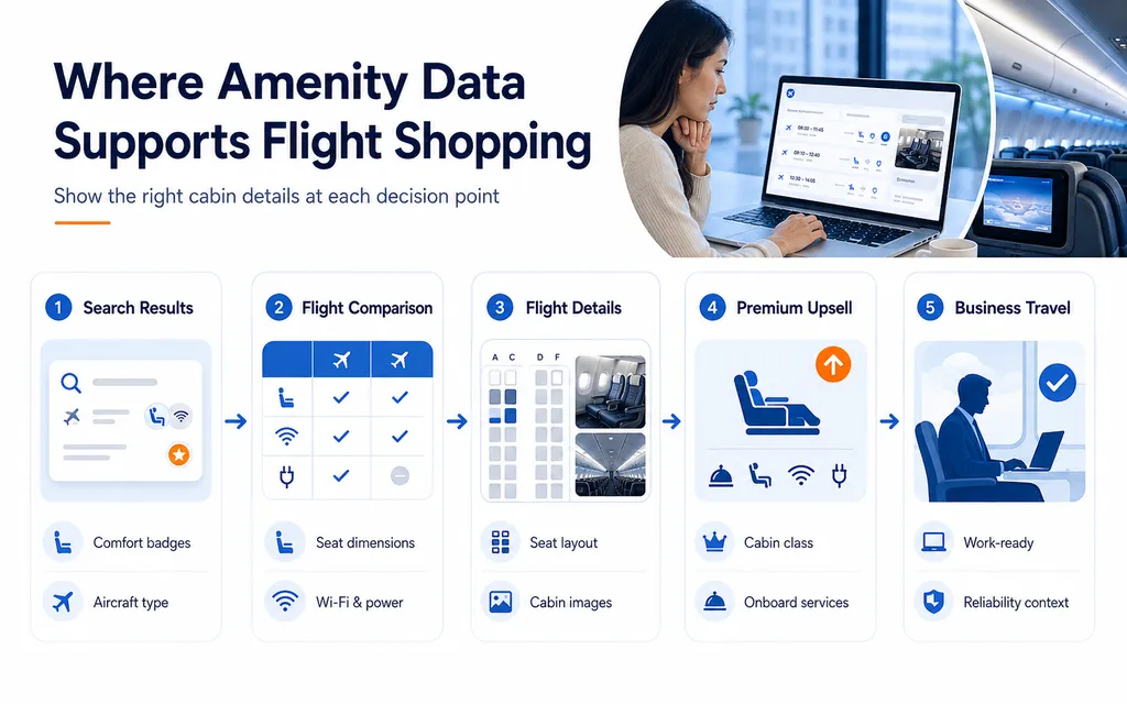 Flight amenities API workflow from flight search to OTA display and measurement