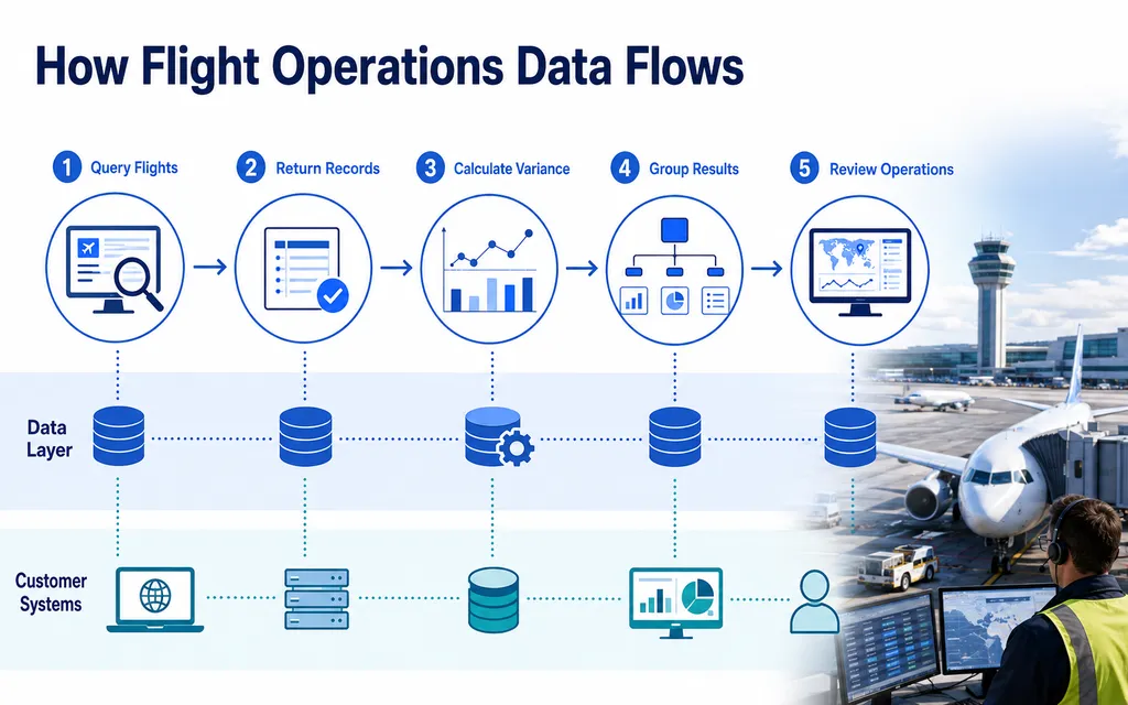 Flight operations data API workflow from flight query to airline operational review