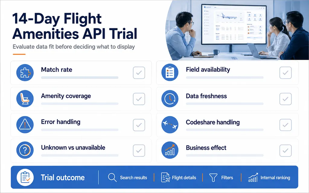 Evaluation metrics for a 14-day flight amenities API trial
