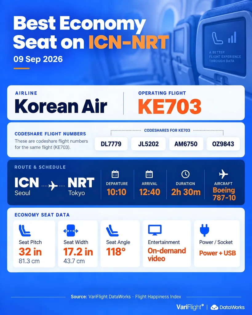 ICN-NRT operating flight example showing codeshare flight numbers, seat dimensions and onboard amenities