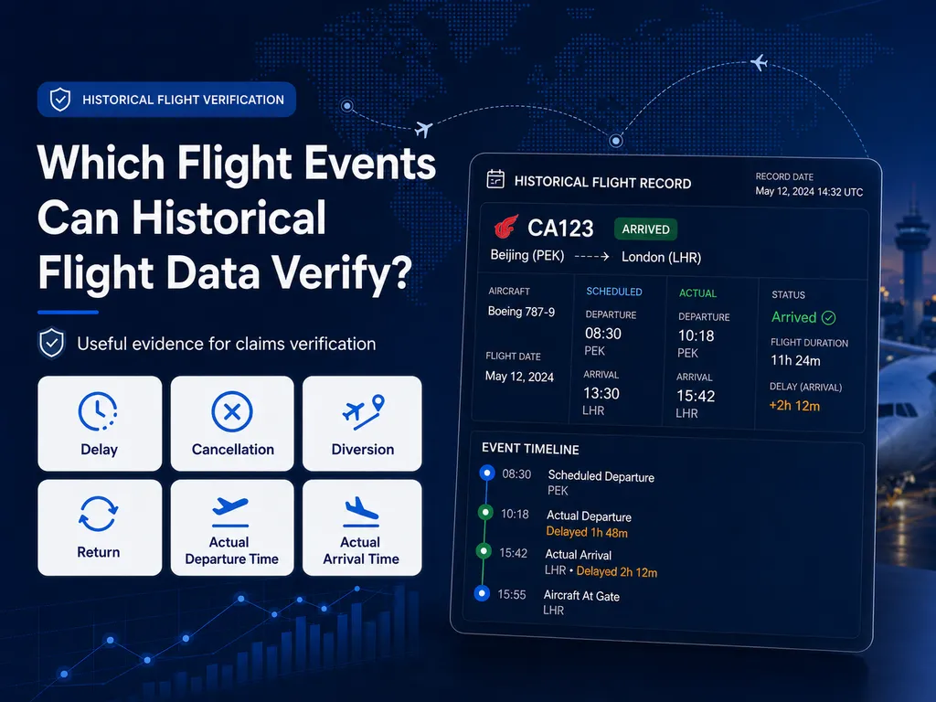 Historical flight data verifying delays, cancellations, diversions, returns and actual flight times