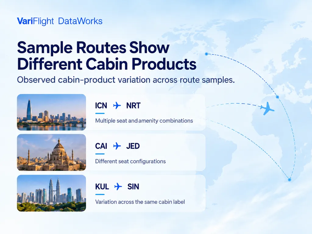 Cabin product variations across ICN-NRT, CAI-JED and KUL-SIN route samples