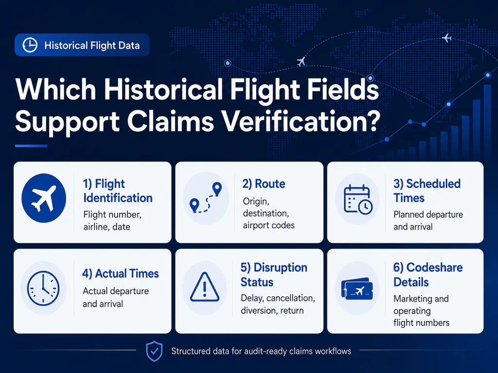 Historical flight data fields for insurance claims verification including flight number, route, times and disruption status