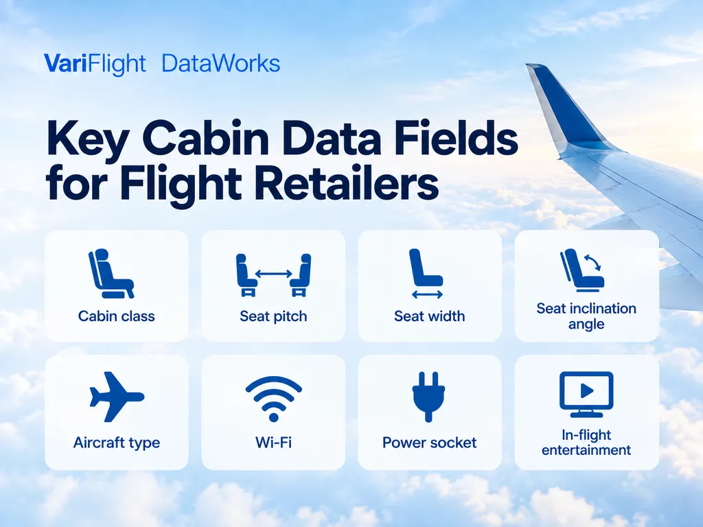 Key cabin data fields including seat pitch, seat width, aircraft type, Wi-Fi, power and entertainment