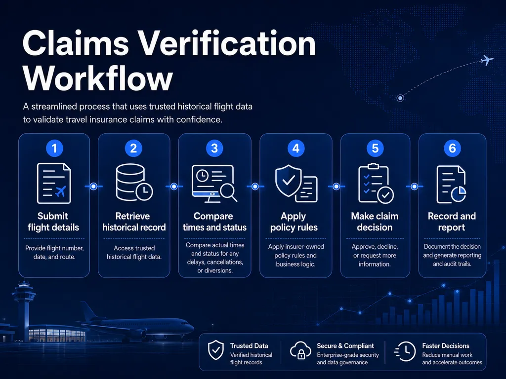 Travel insurance claims verification workflow using historical flight data and insurer policy rules