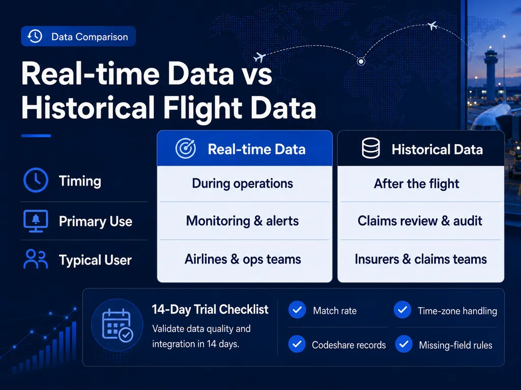 Real-time flight data versus historical flight data for monitoring and insurance claims verification