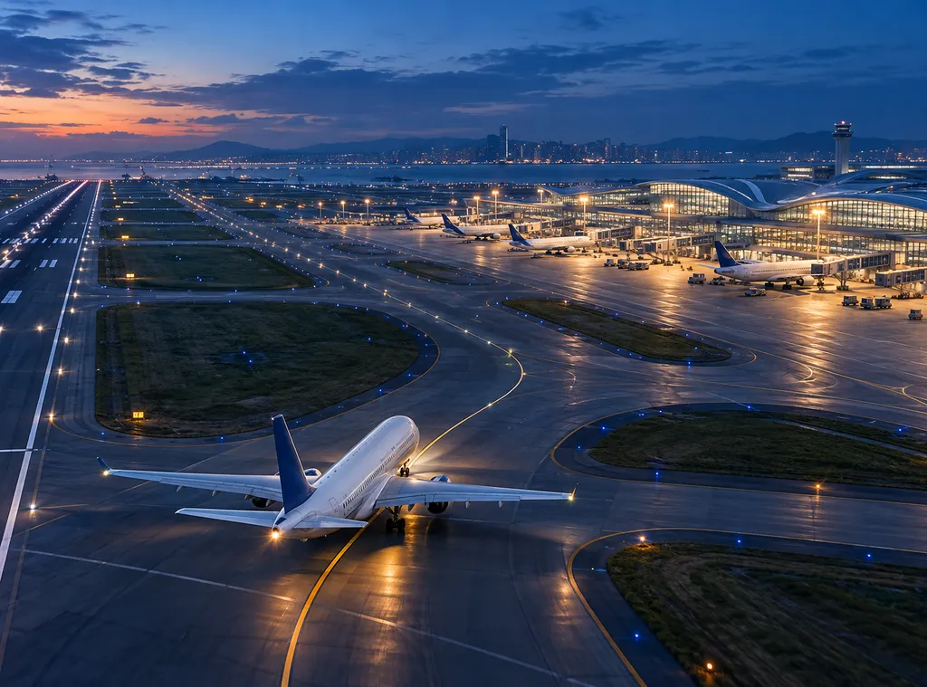 A passenger aircraft taxis towards the terminal at dusk, with a runway on the left and aircraft parked at arrival stands on the right.